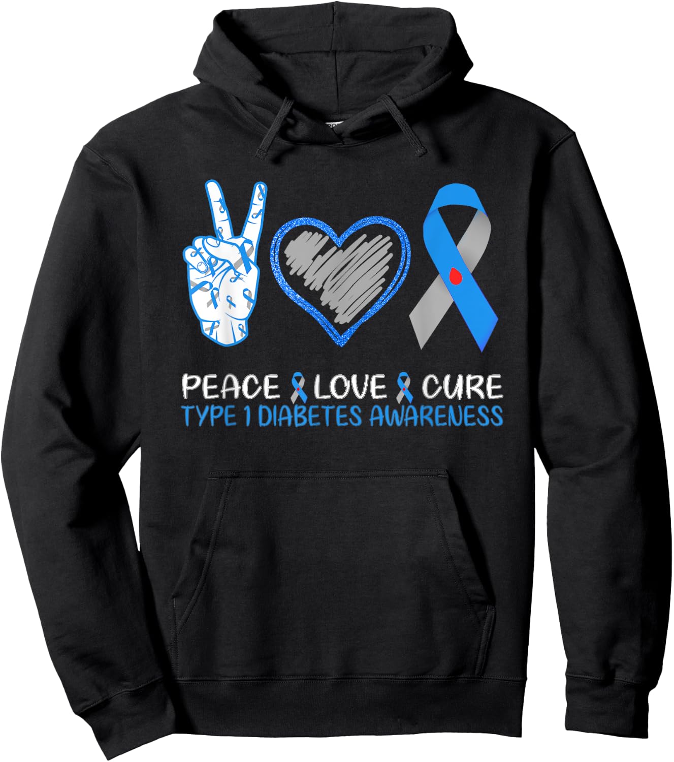 Peace Love Cure Type 1 Diabetes Awareness Month T1D Warrior Hoodie - Hoodie | Black