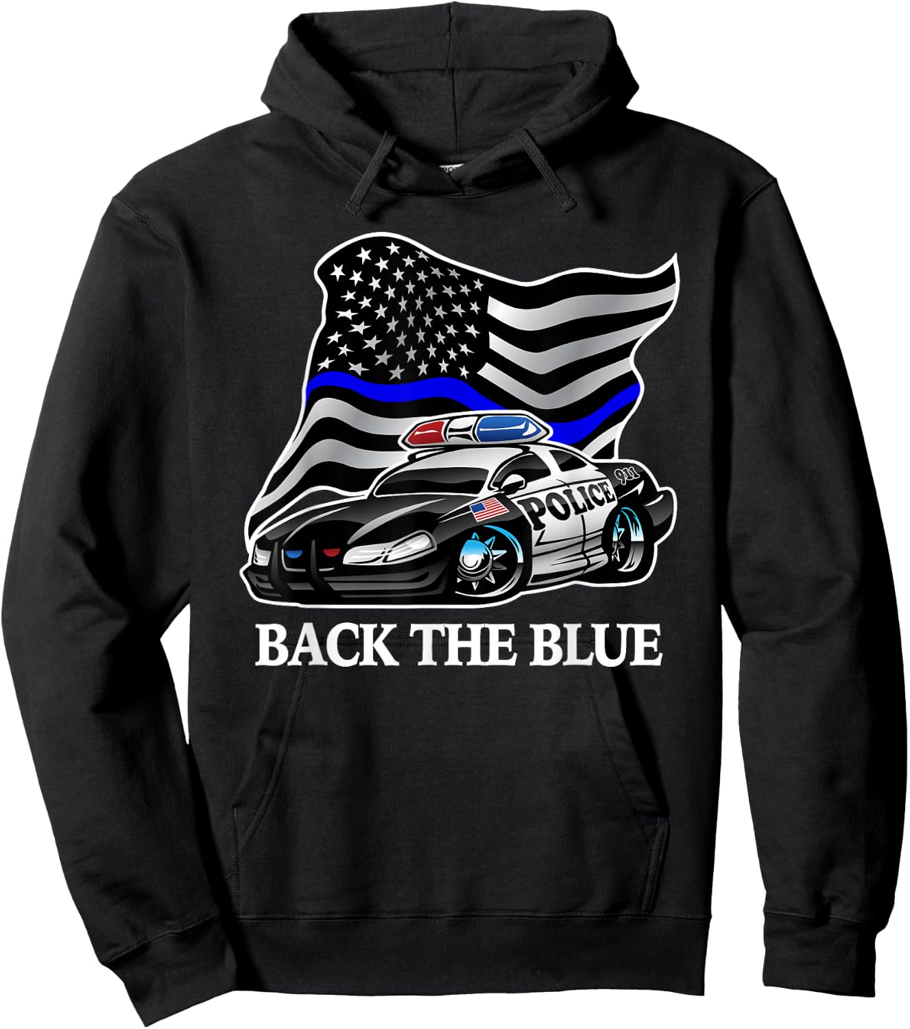 Back The Blue Flag with Police Car Cartoon Hoodie - Hoodie | Black