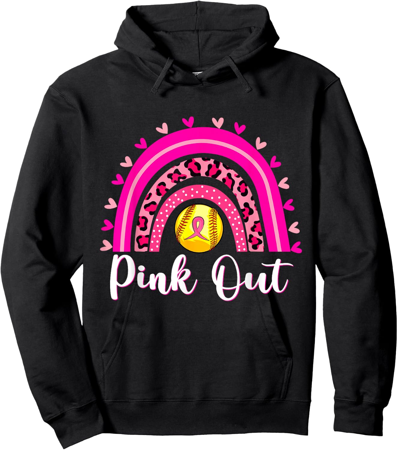 Pink Out Softball Lover Rainbow Breast Cancer Awareness Hoodie - Hoodie | Black