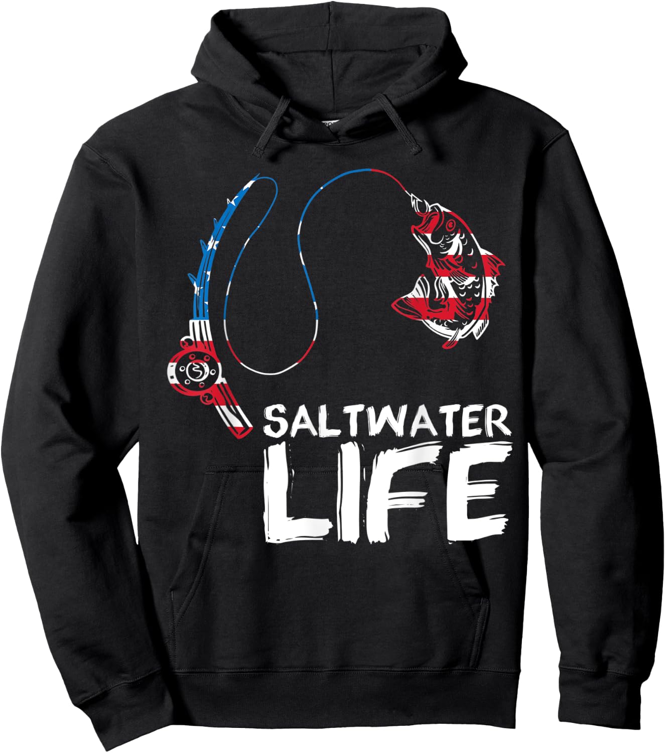 Saltwater Life US Flag Fishing Rod Bass Fishing Fish Catcher Hoodie - Hoodie | Black