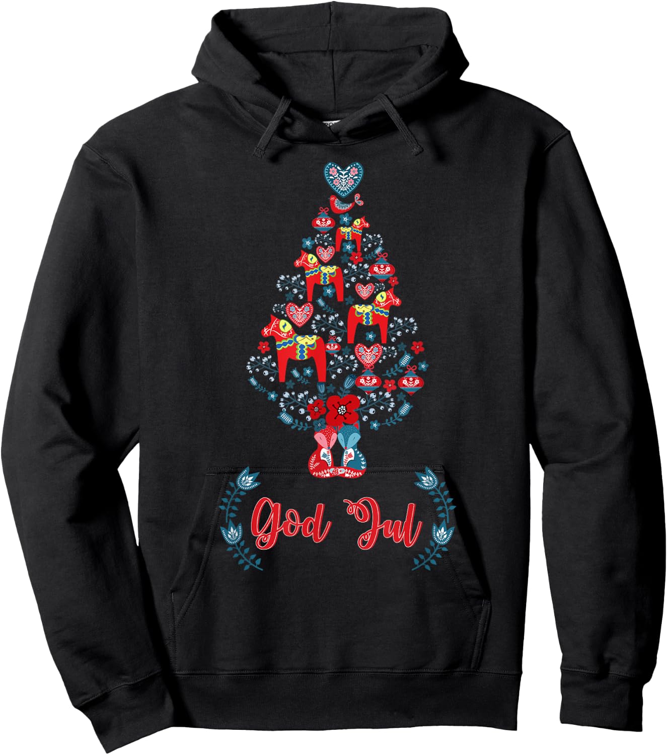 God Jul Red Swedish Dala Horse Christmas Tree Hoodie - Hoodie | Black