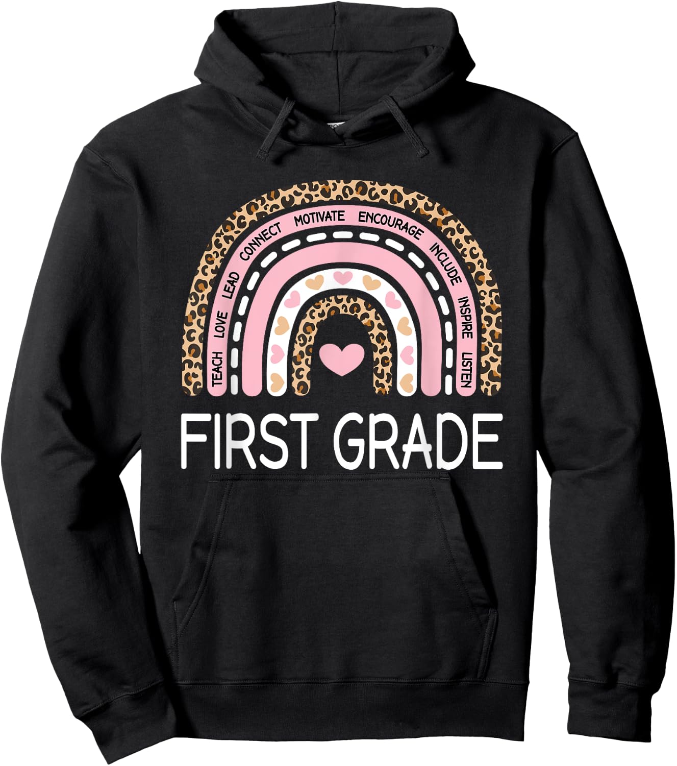 Cute First Grade Teacher Leopard Rainbow Pastel Pink 1st Hoodie - Hoodie | Black