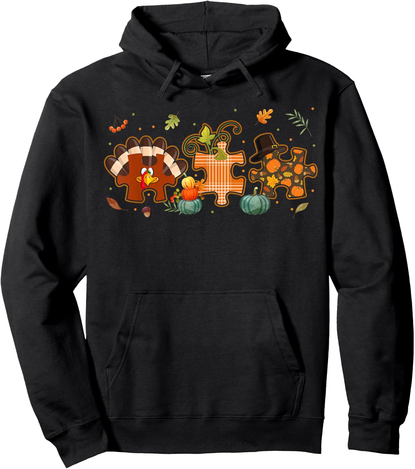 Cute Turkey Autism Awareness Puzzle Pumpkin Thanksgiving Day Hoodie - Hoodie | Black