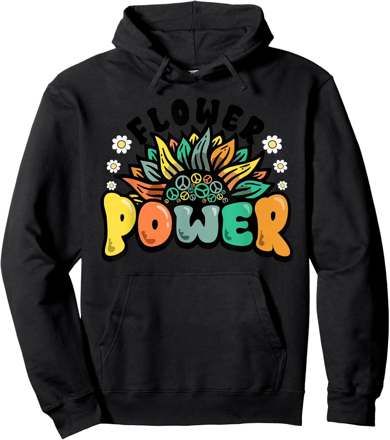 Flower Power Peace Symbol Sunflower Retro 60s 70s Hoodie - Hoodie | Black