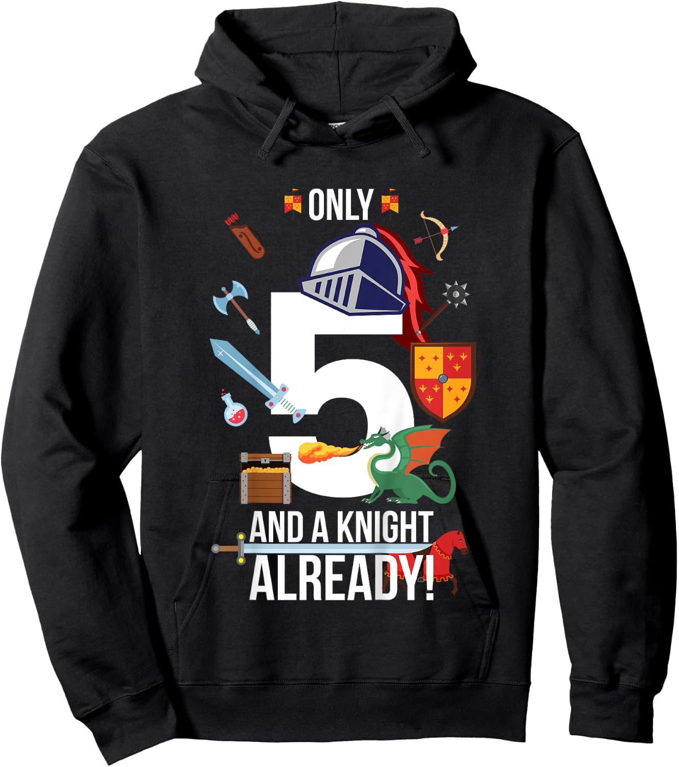 Kids 5th Birthday Boy "Only 5 And A Knight Already" Hoodie - Hoodie | Black