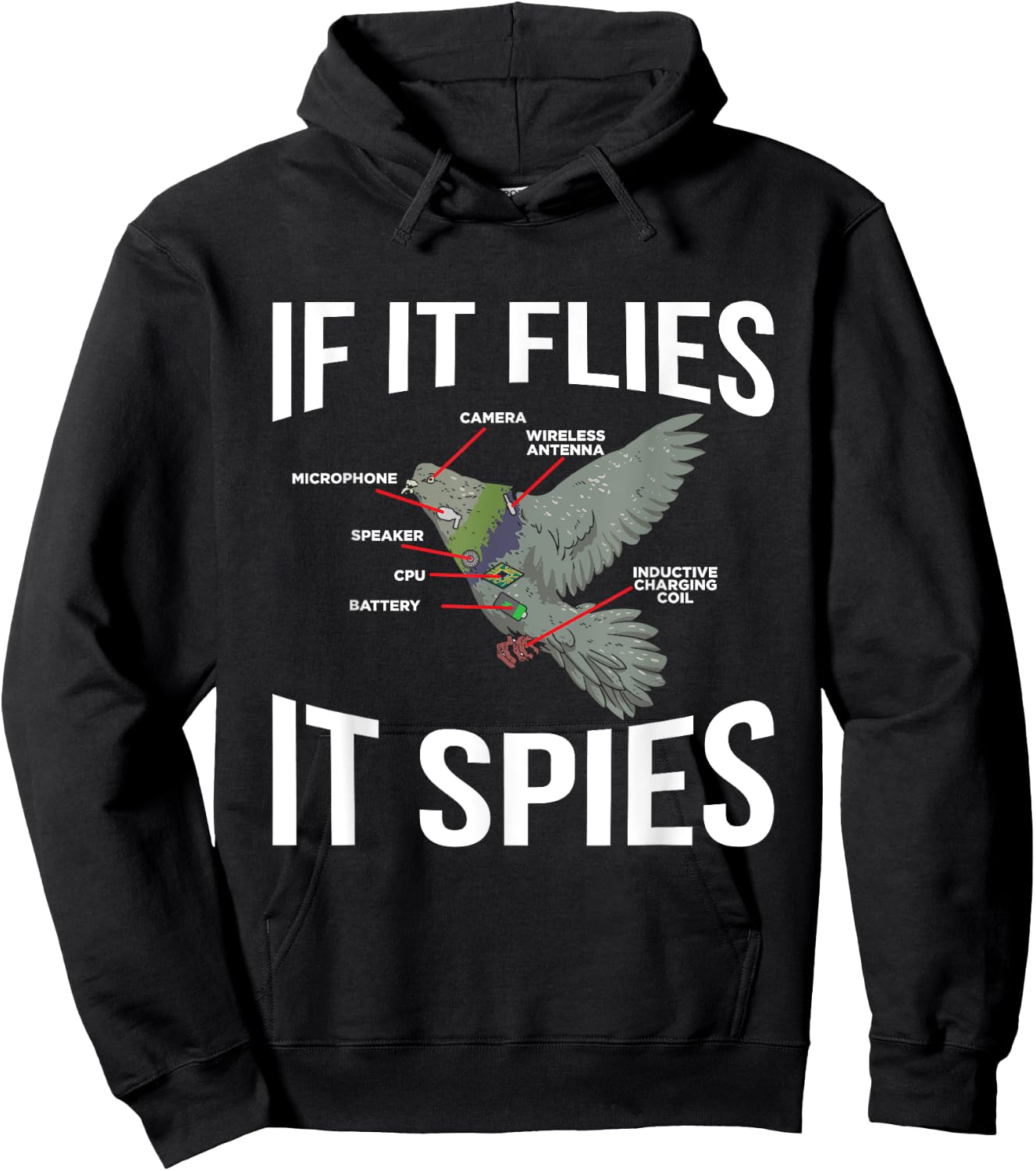 If It Flies It Spies Cool Pigeon Funny Pigeon Design Doves Hoodie - Hoodie | Black