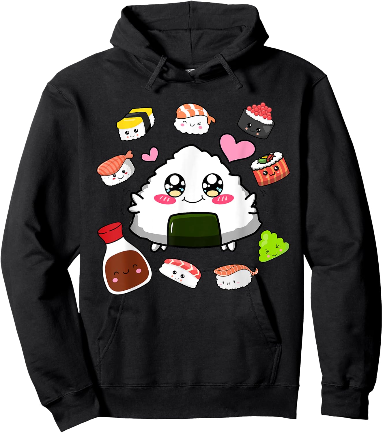 Kawaii Sushi Happy Funny Japanese Anime Cute Onigiri Sushi Hoodie - Hoodie | Black