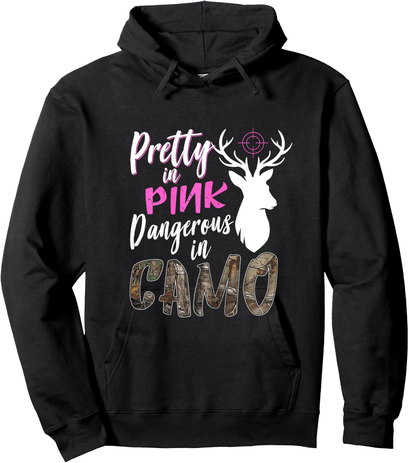 Funny Pink Camo Hunting Graphic Women Deer Buck Hunters Hoodie - Hoodie | Black