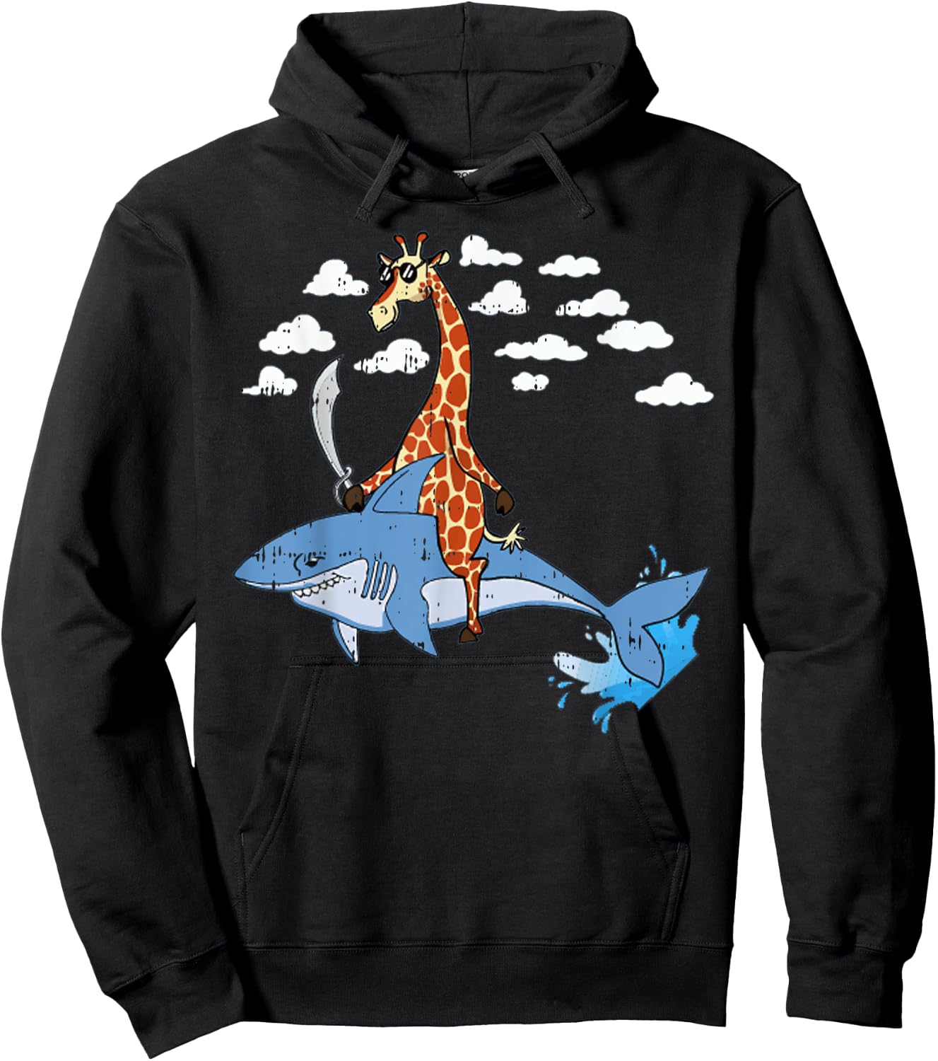 Giraffe Pirate Riding Shark Sword Cute Animal Halloween Gift Hoodie - Hoodie | Black