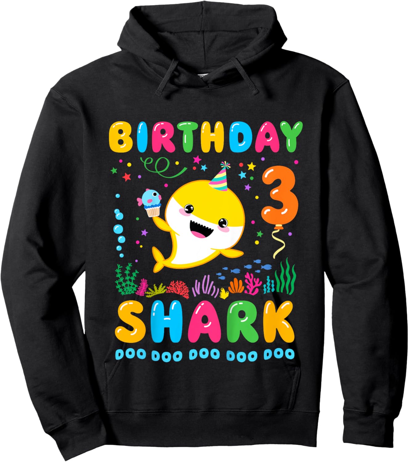 Birthday Shark 3 Year Old Boy or Girl 3rd Bday Kawaii Hoodie - Hoodie | Black