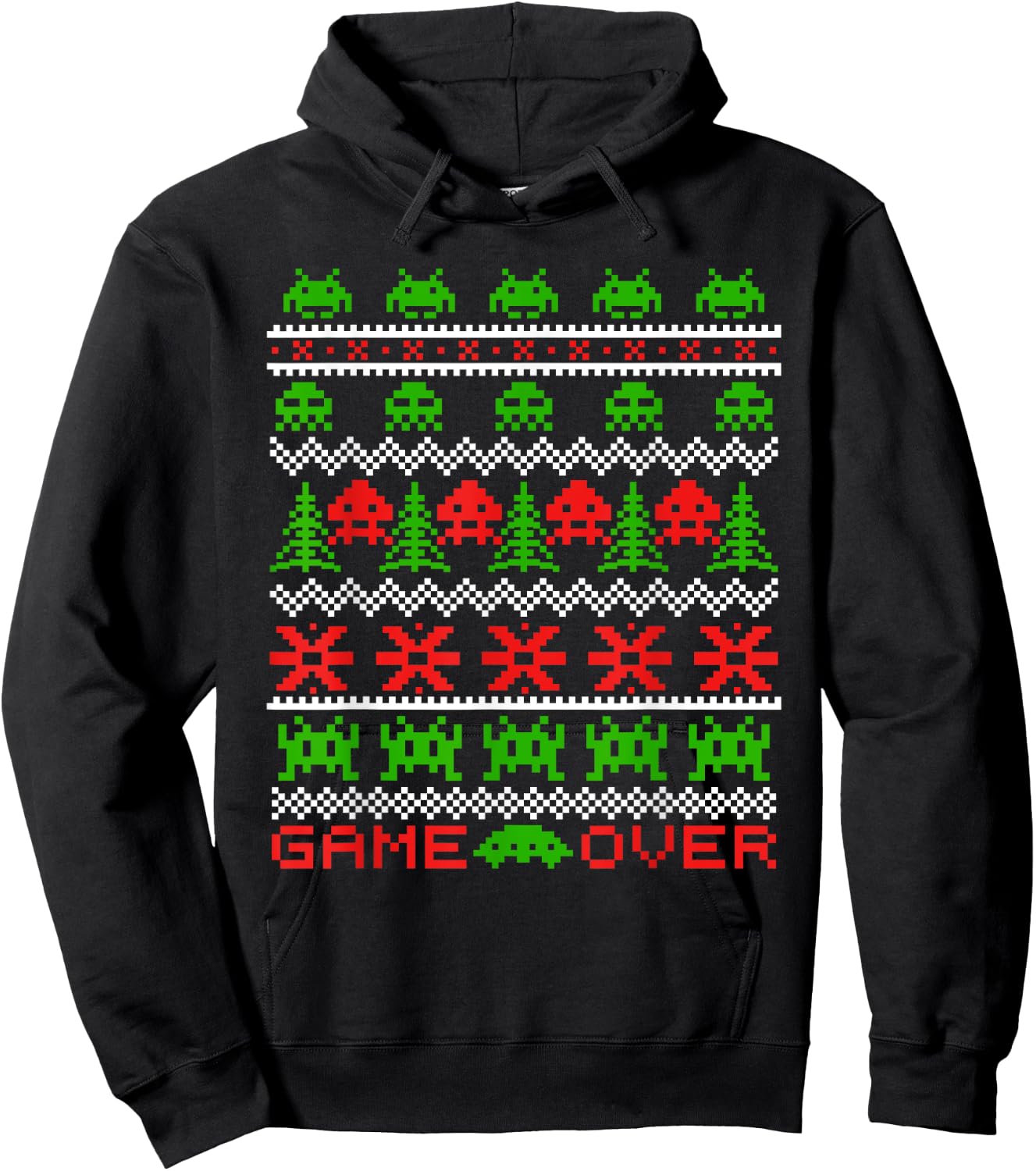 8-bit 80s Space Alien Invaders Ugly Christmas Gamers Sweater Hoodie - Hoodie | Black