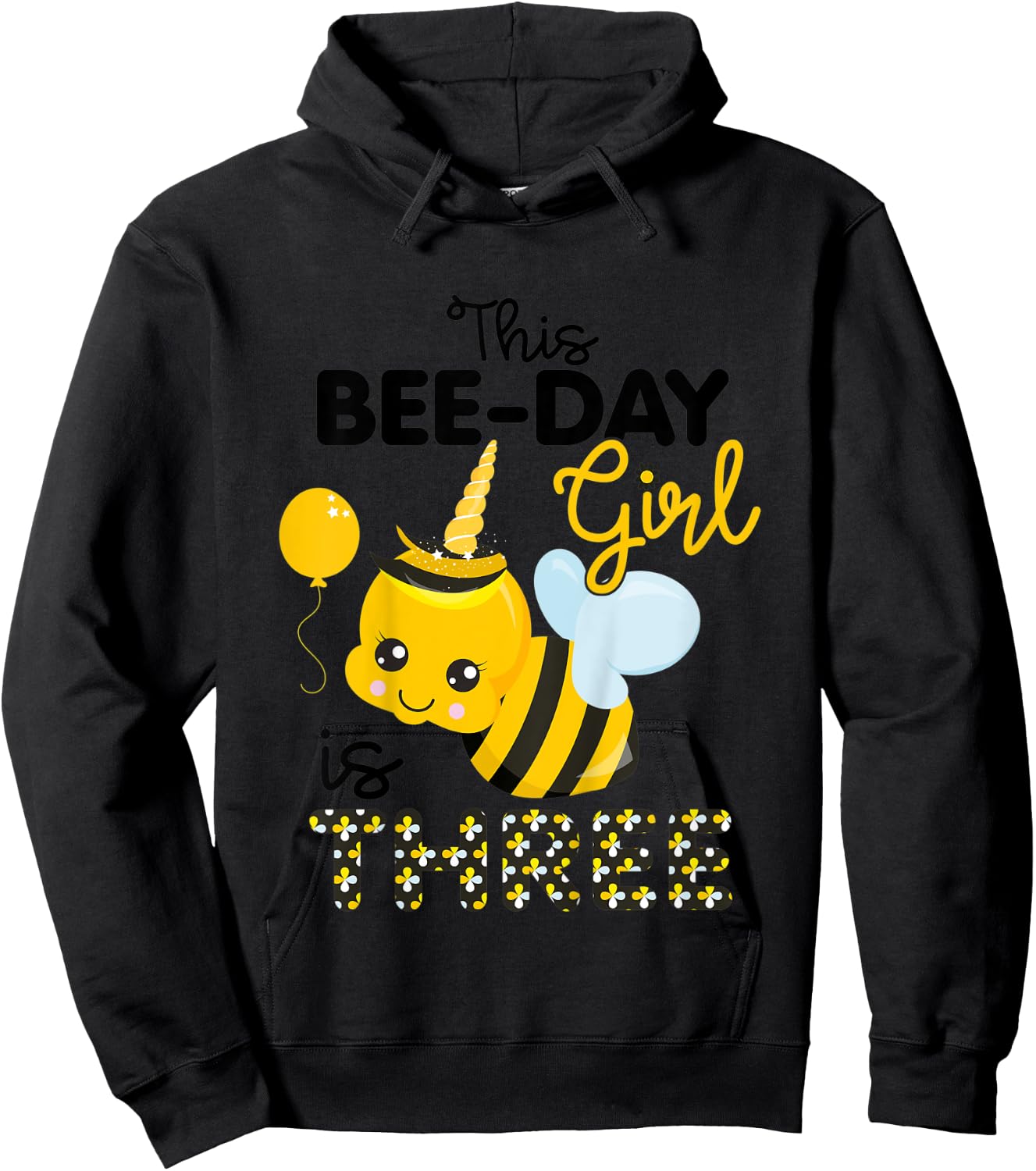 Kids 3rd Birthday Girl Bee Themed 3 Year Old Bday Matching Party Hoodie - Hoodie | Black