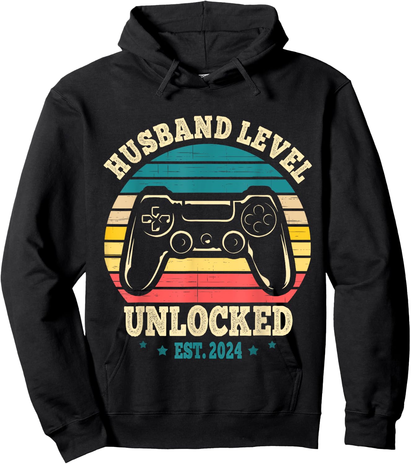 Leveled Up To Husband 2024 New Husband Just Married Gamer - Black, Men's, Small, Short Sleeve, Classic Fit, Modern Classic, Letter Print, , Regular, Machine Wash Hoodie - Hoodie | Black