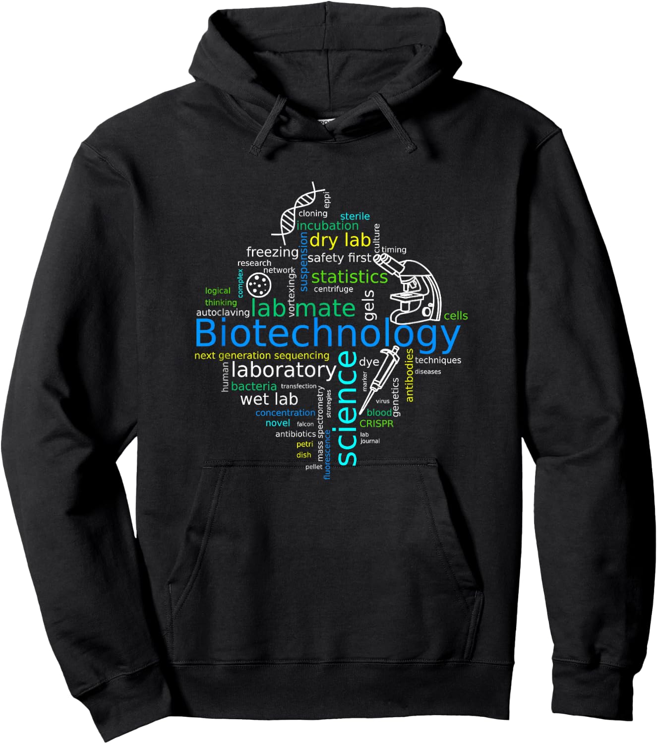 Word cloud biotech with microscope, pipette and dna Hoodie - Hoodie | Black