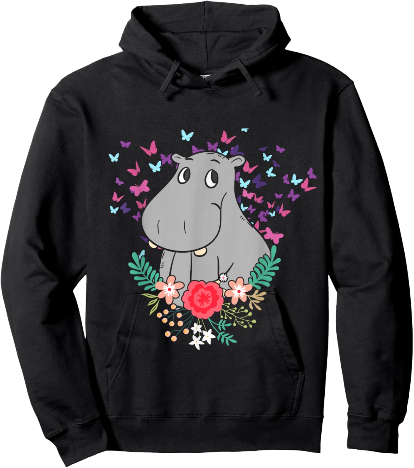 Animal Lover Butterfly Valentines Day Gift Flowers Hippo Hoodie - Hoodie | Black