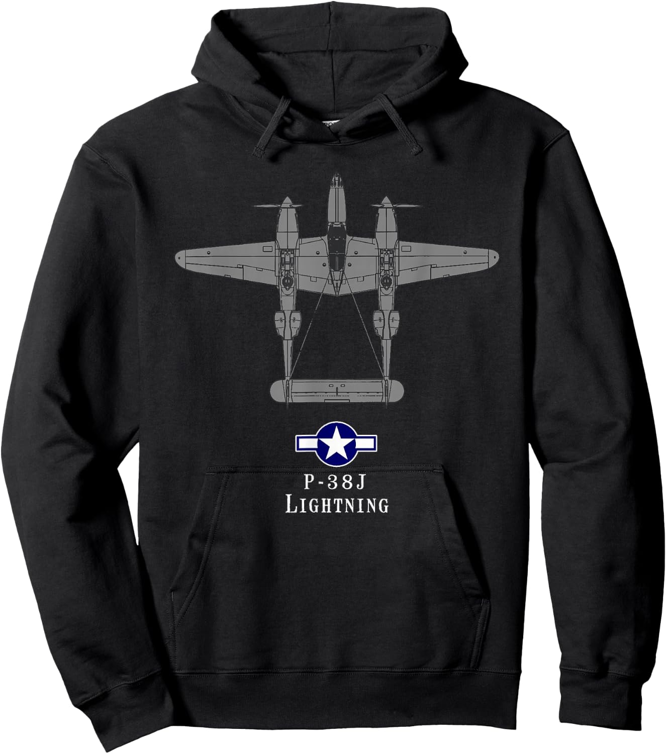 P-38 Lightning Tech Drawing WWII Fighter Airplane Hoodie - Hoodie | Black