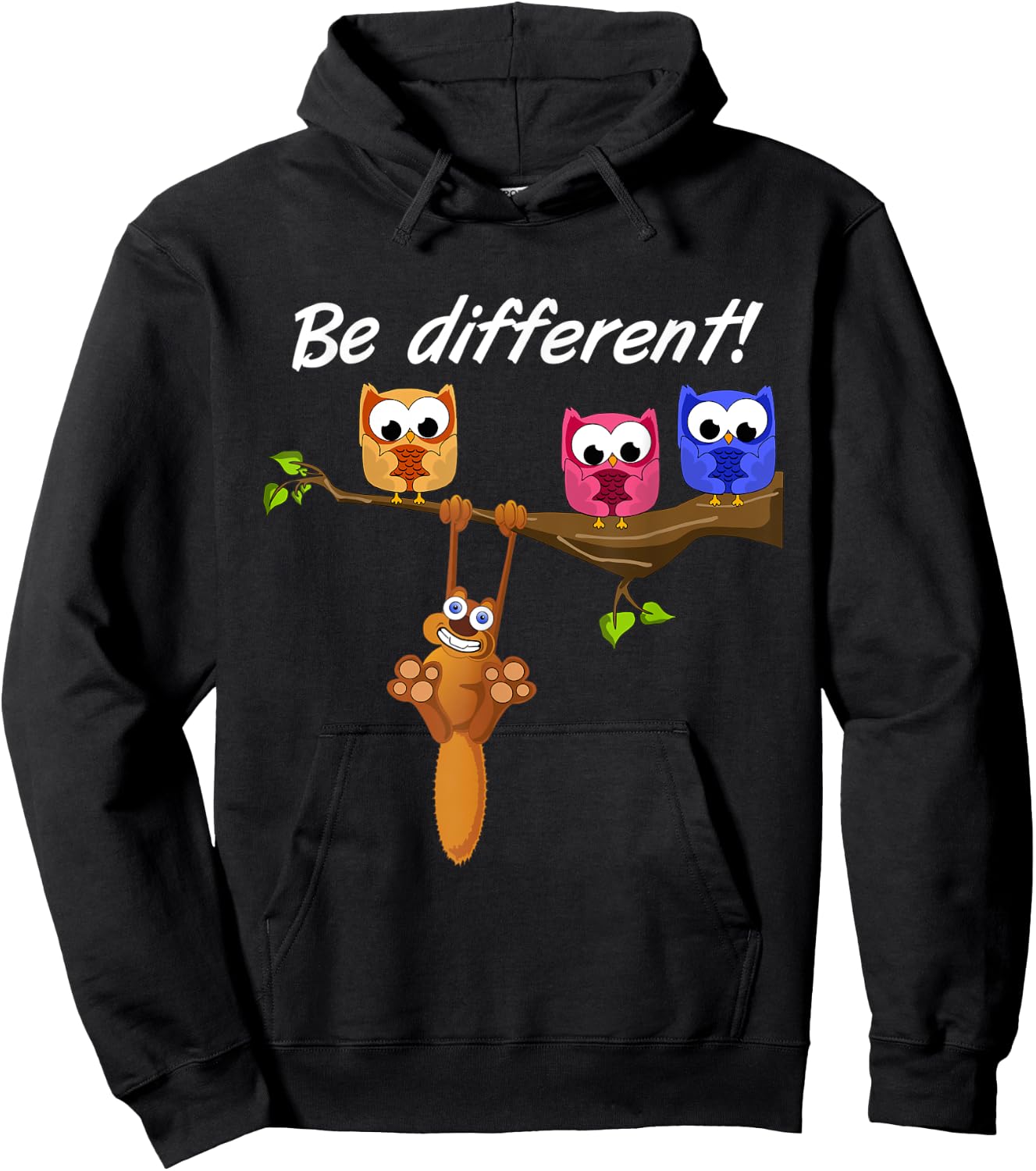Be Different! - Ladies Sweet Fun Saying - Owl Squirrel Hoodie - Hoodie | Black