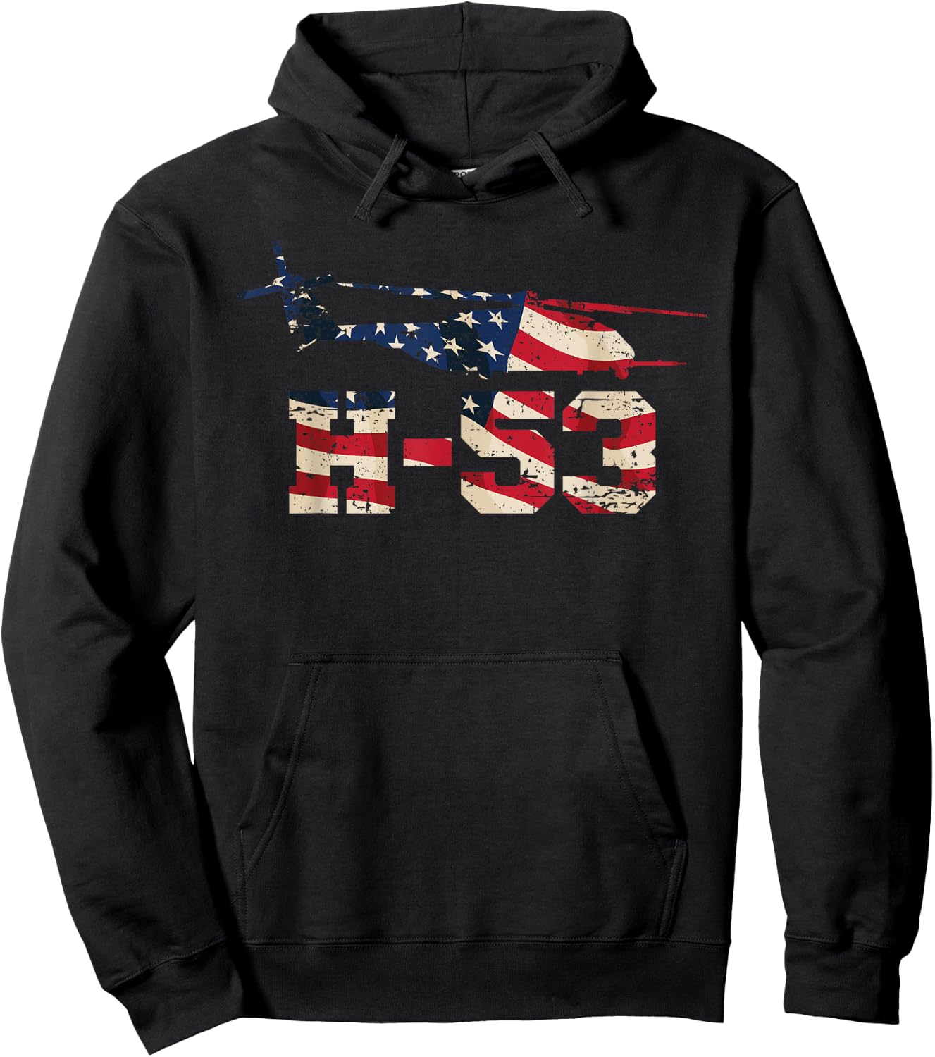 American H-53 Helicopter with USA Flag Overlay Distressed Hoodie - Hoodie | Black