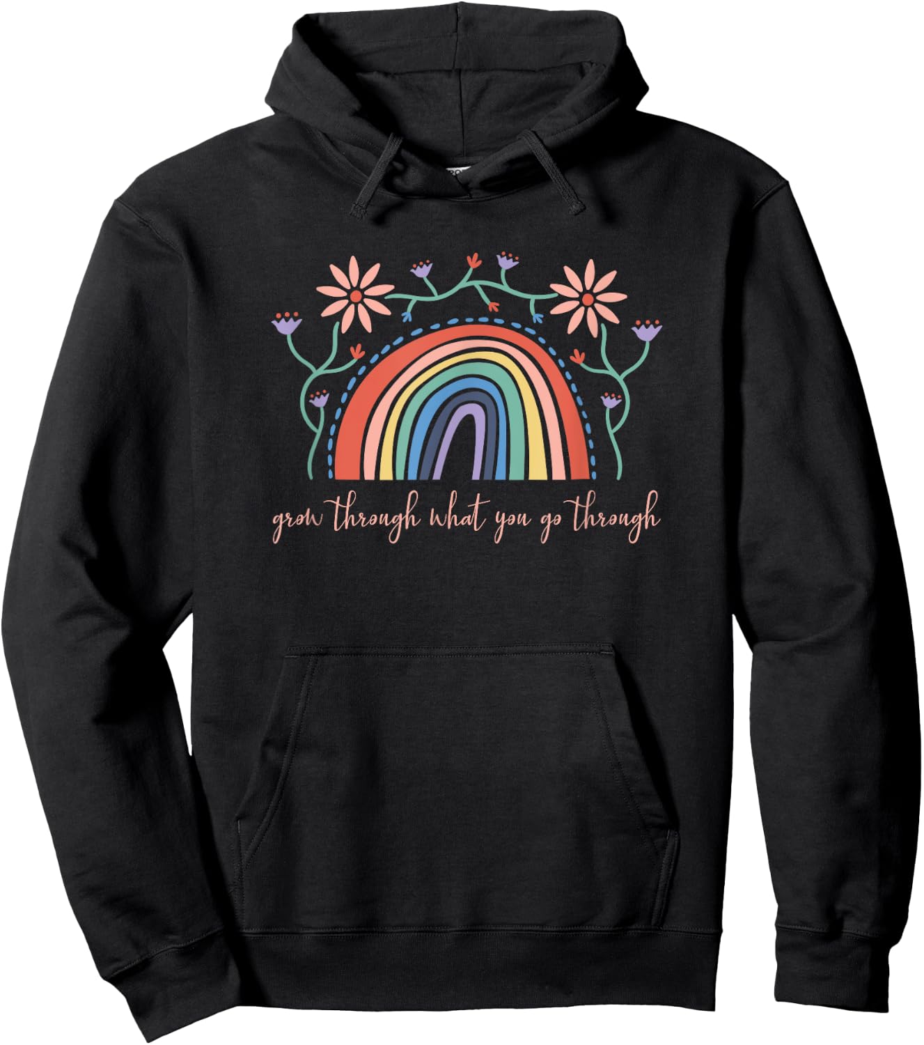 Grow Through What You Go Through Wildflowers Rainbow Inspire Hoodie - Hoodie | Black