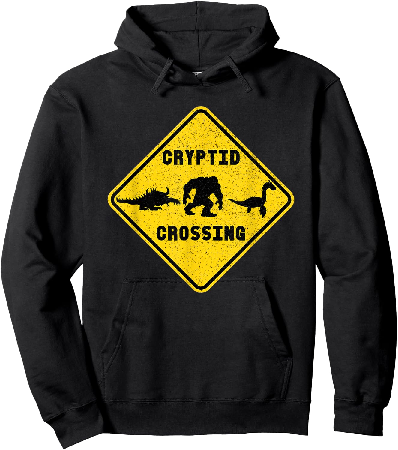 Cryptid Crossing Yield Road Sign Funny Nessie Bigfoot Hodag Hoodie - Hoodie | Black