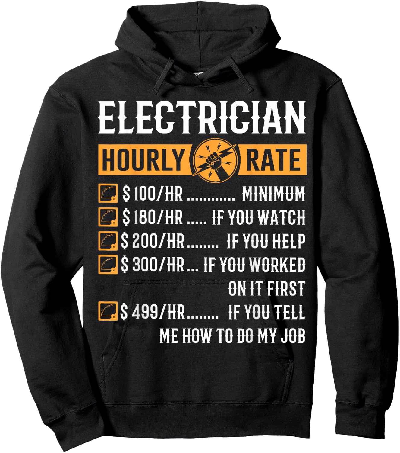 Funny Electrician Gifts - Electrician Hourly Rate Hoodie - Hoodie | Black
