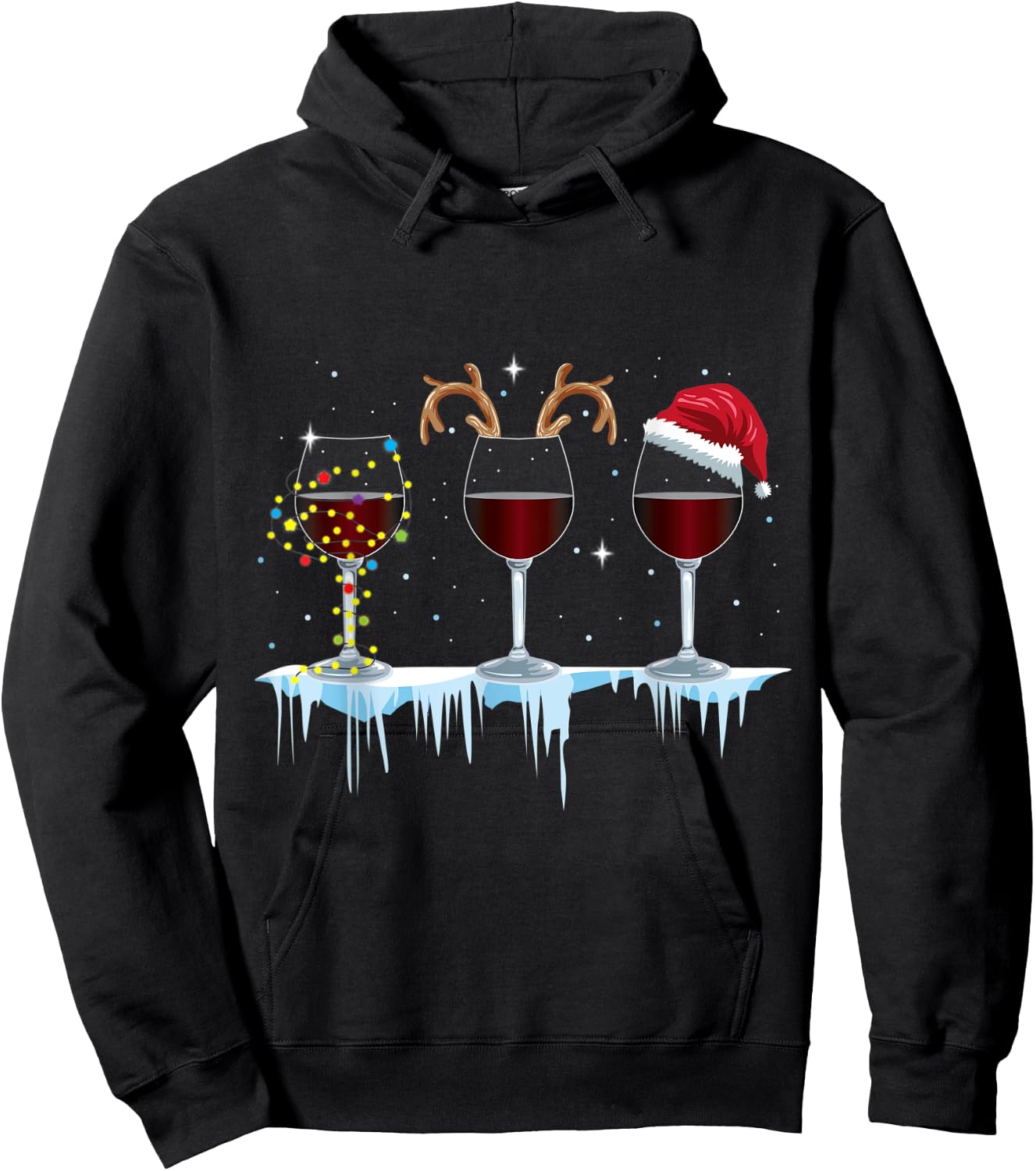 Wine Glasses with Reindeer and Santa and Christmas Lights Hoodie - Hoodie | Black