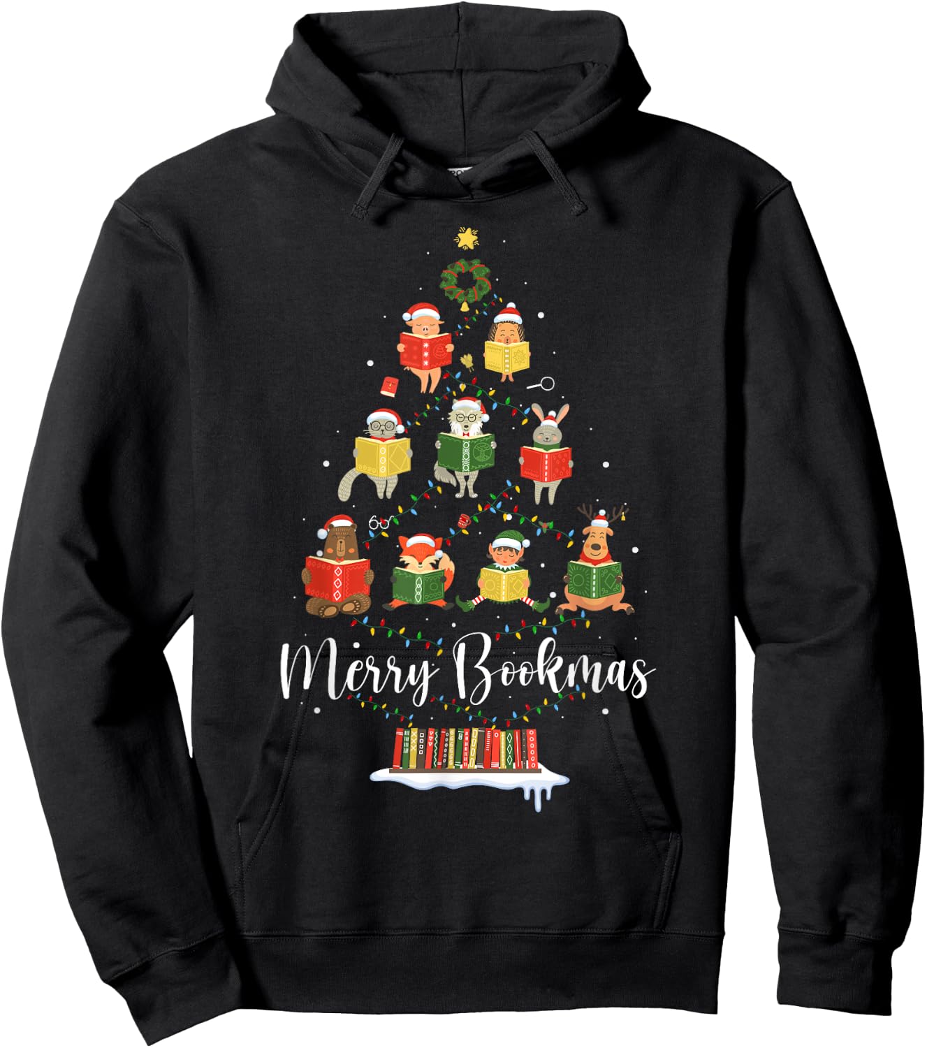 Librarian Book Lover Books Christmas Tree Merry Bookmas Xmas Hoodie - Hoodie | Black