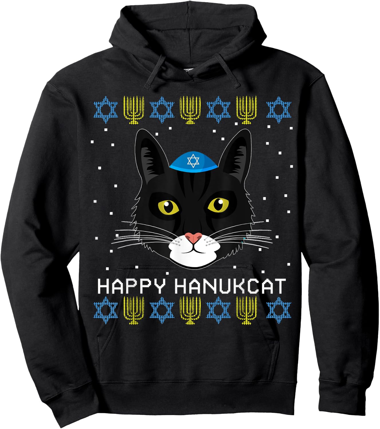Happy Hanukcat Ugly Hanukkah Sweater Cat Chanukah Jewish Women Hoodie - Hoodie | Black