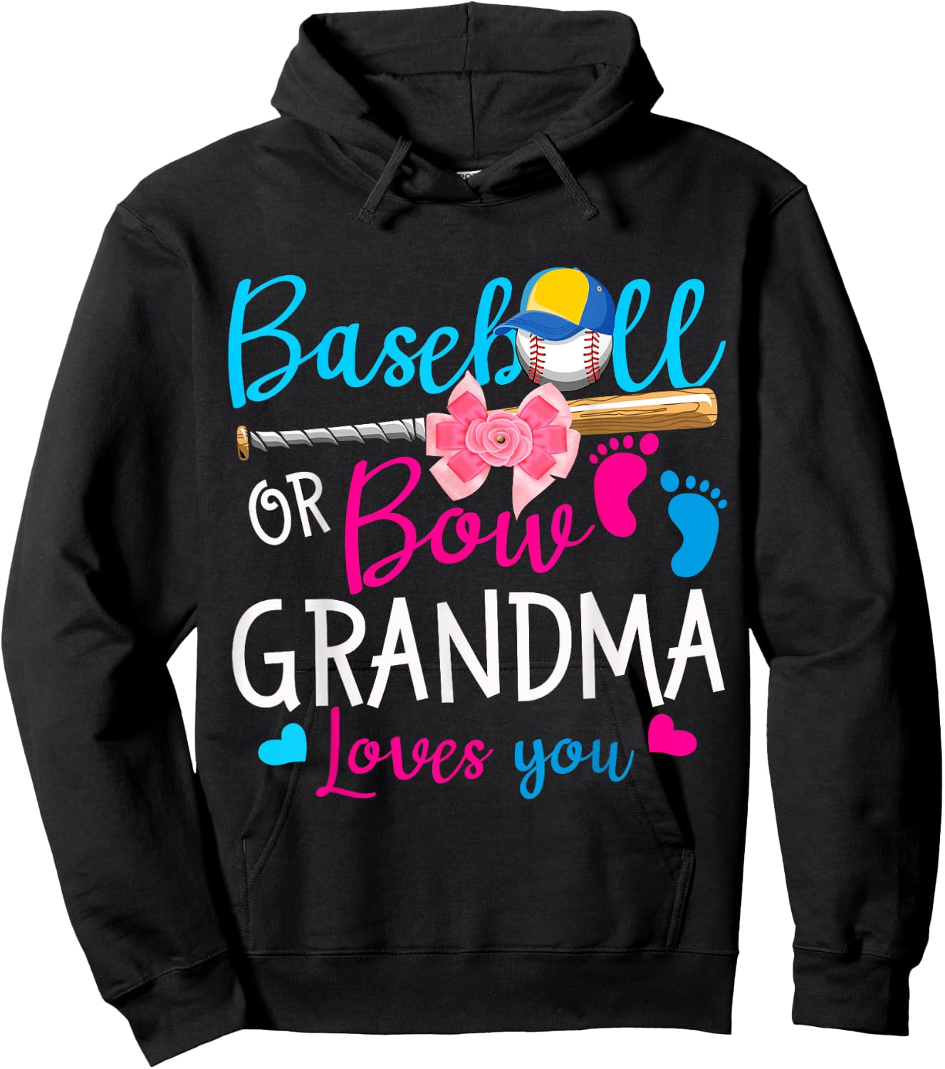 Baseball or Bow Grandma Loves You Baseball Gender Reveal Hoodie - Hoodie | Black