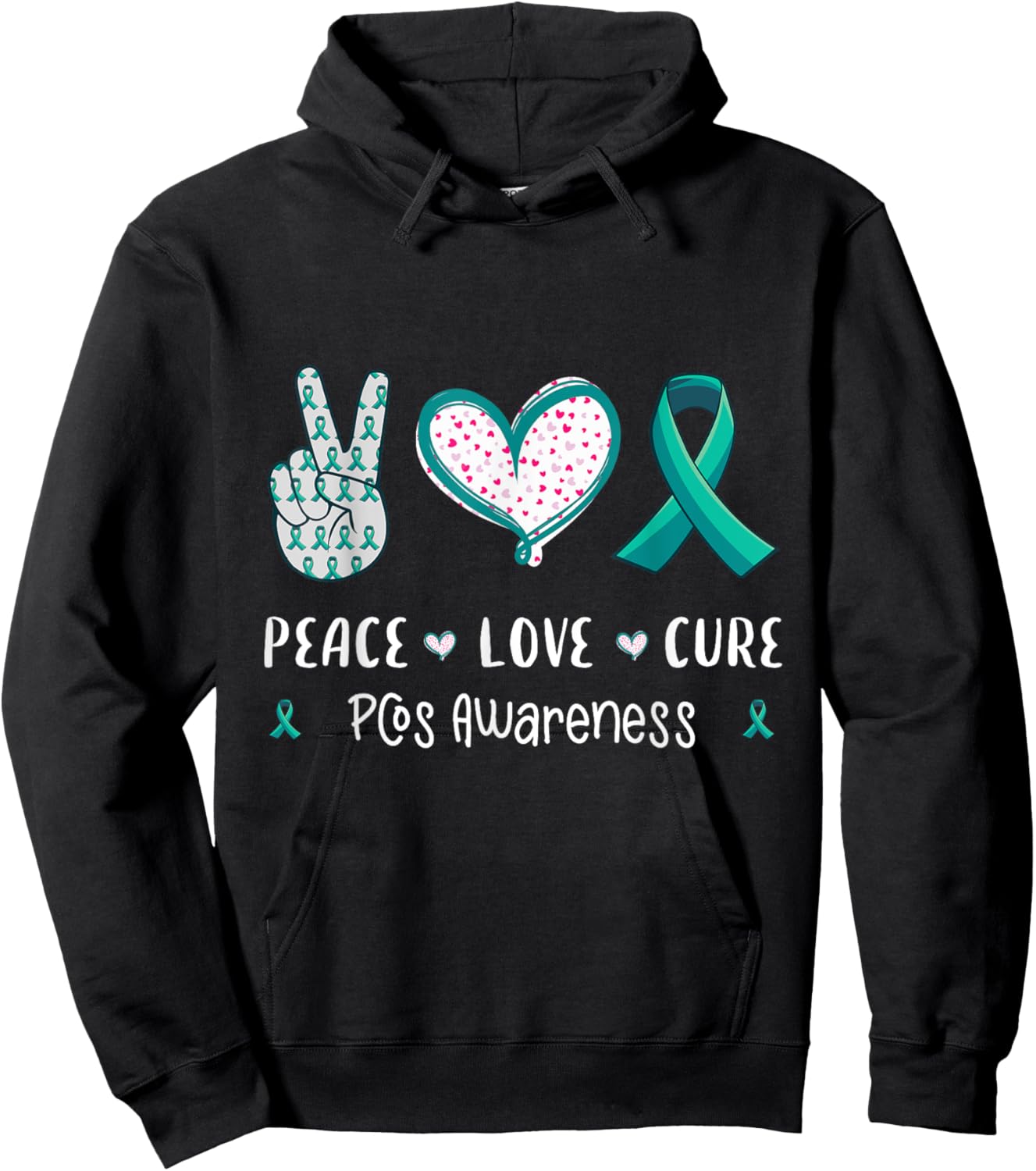 Peace Love cure Pcos awareness men women kids Pcos syndrome Hoodie - Hoodie | Black