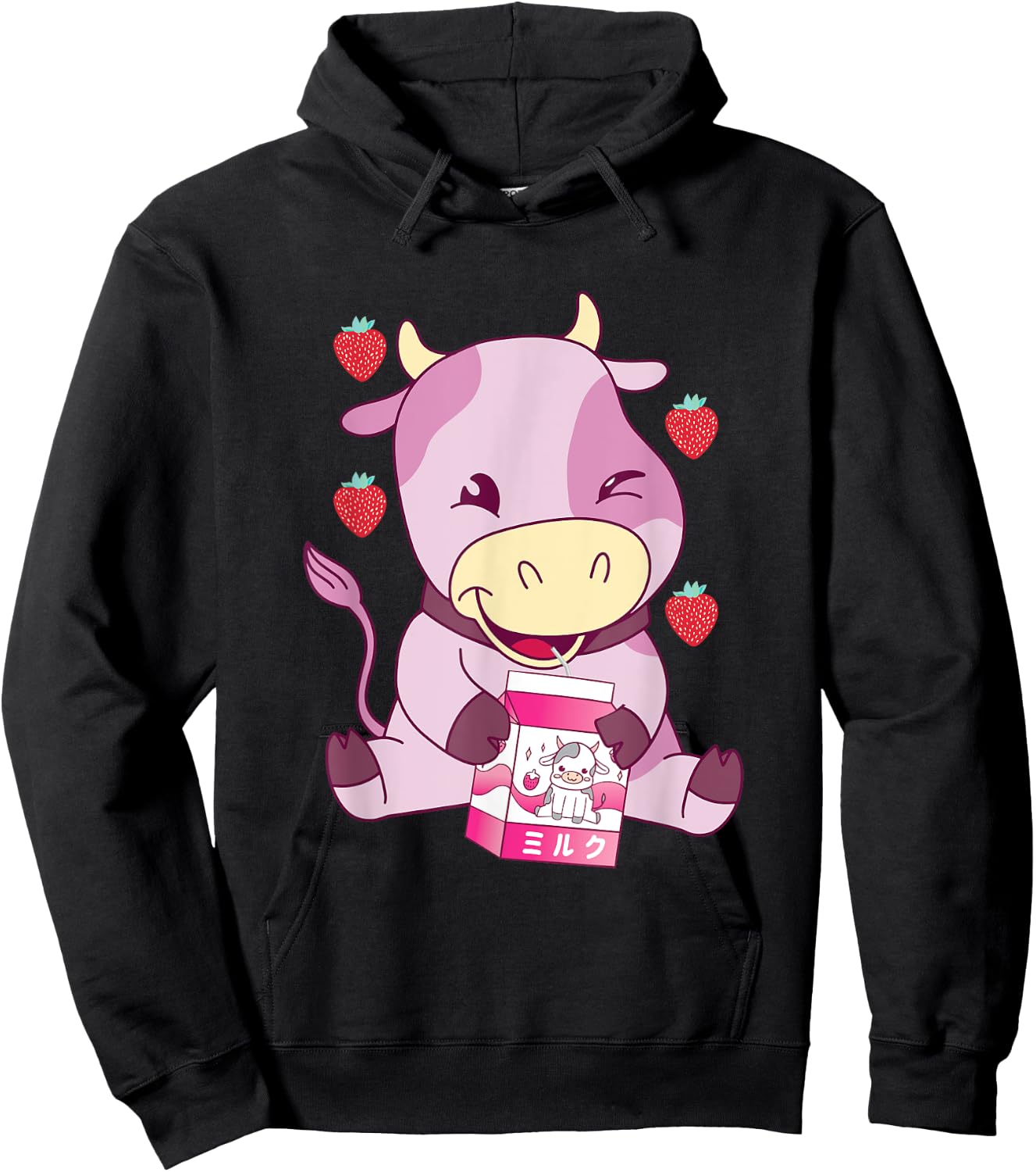 Strawberry Milk Pink Cow Japanese Strawberry Milk Shake Hoodie - Hoodie | Black