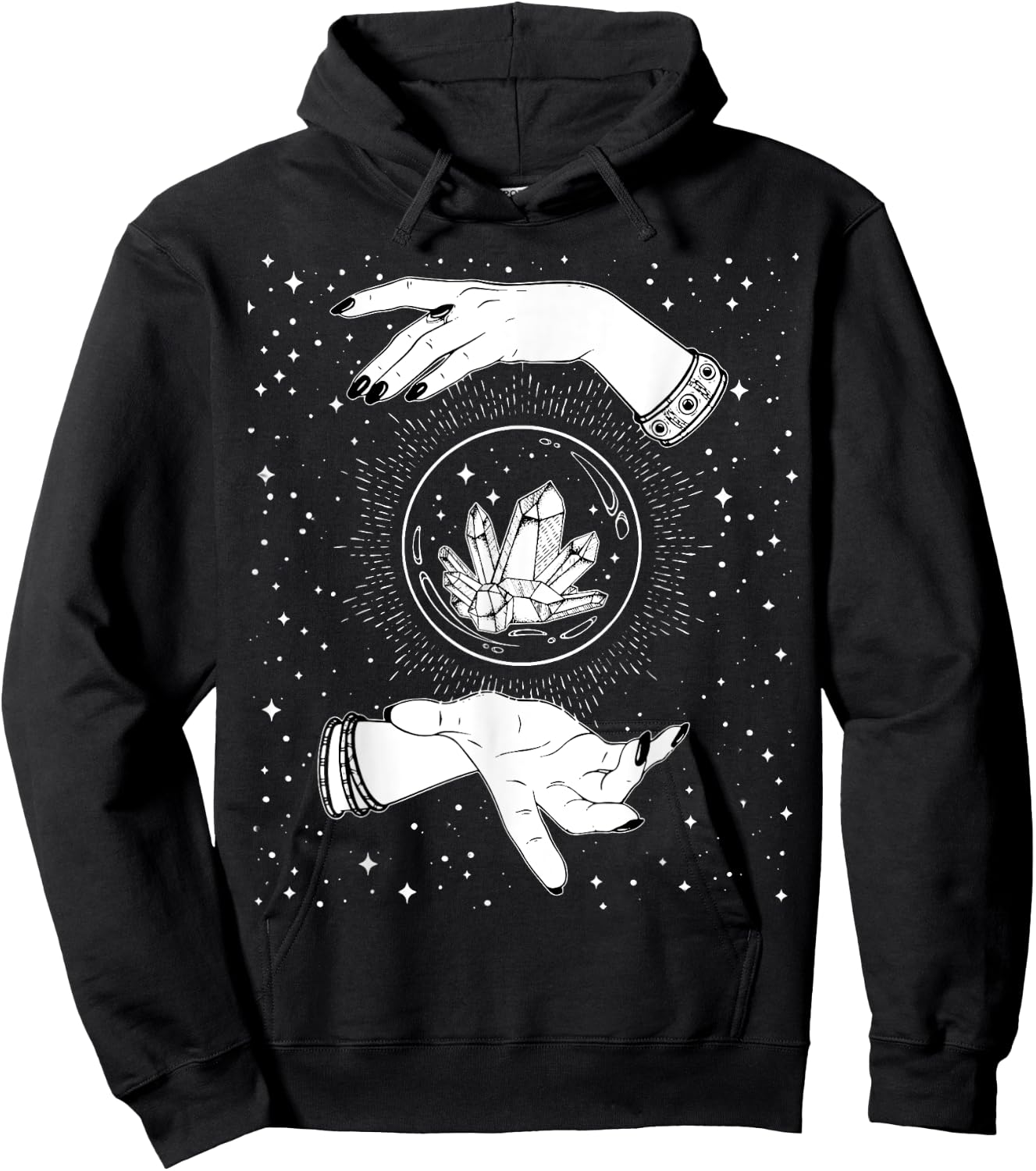 Retro Vintage Witchy Crystal Ball Witch Hands & Stars Black Hoodie - Hoodie | Black