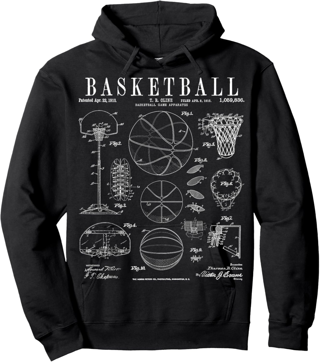 Basketball Old Vintage Patent Drawing Print Hoodie - Hoodie | Black