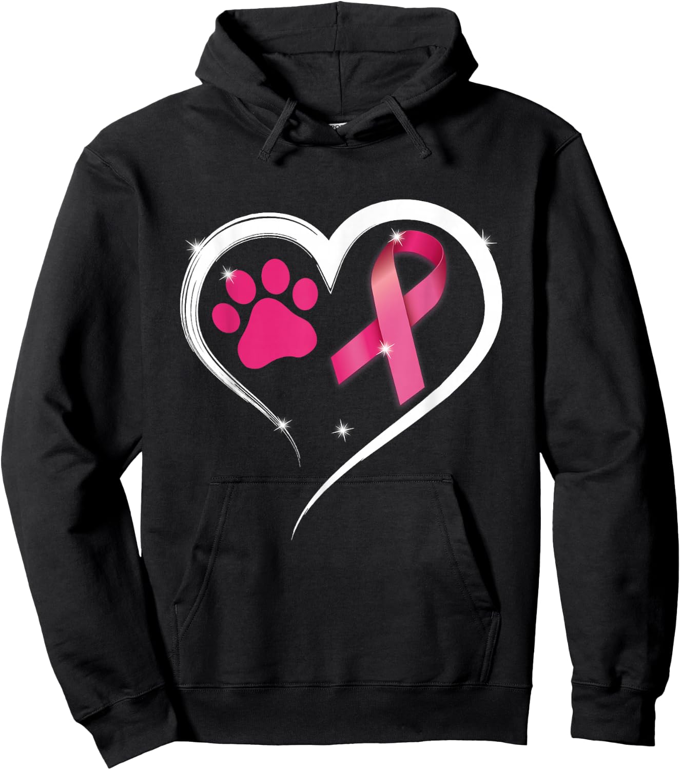 Heart Dog Paw Print Pink Ribbon Breast Cancer Awareness Hoodie - Hoodie | Black