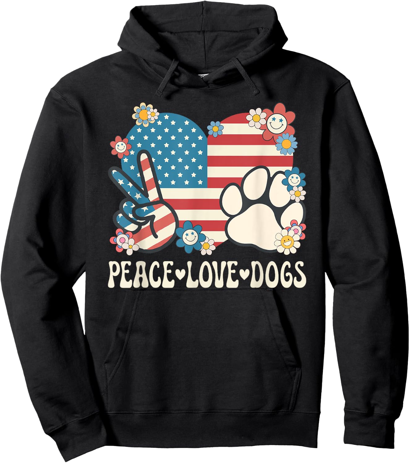 Peace Love Dogs American Flag Patriotic Dog Lover Retro Dog Hoodie - Hoodie | Black