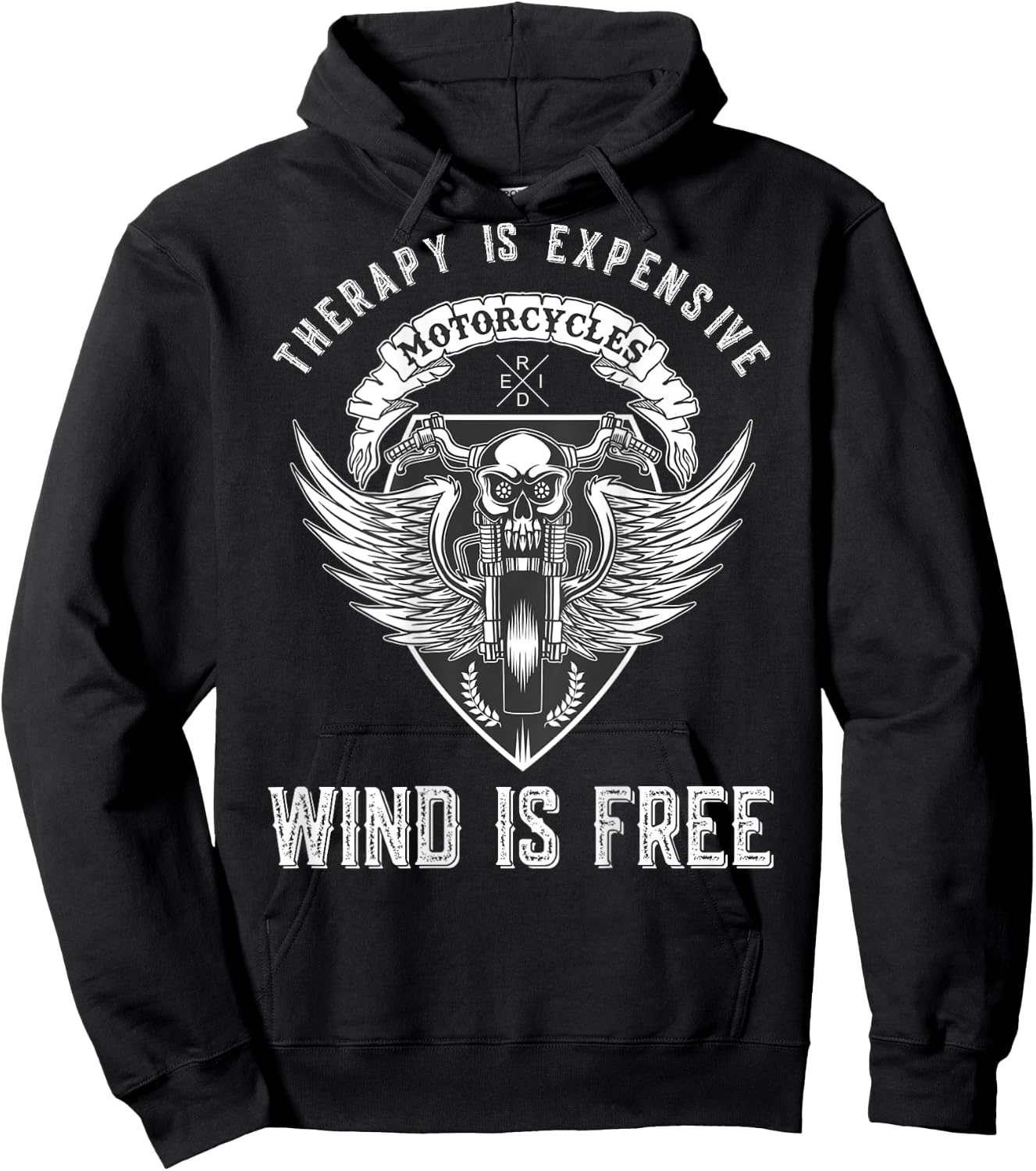 Motorcycle Funny Therapy Expensive Wind Is Free - on Back Hoodie - Hoodie | Black