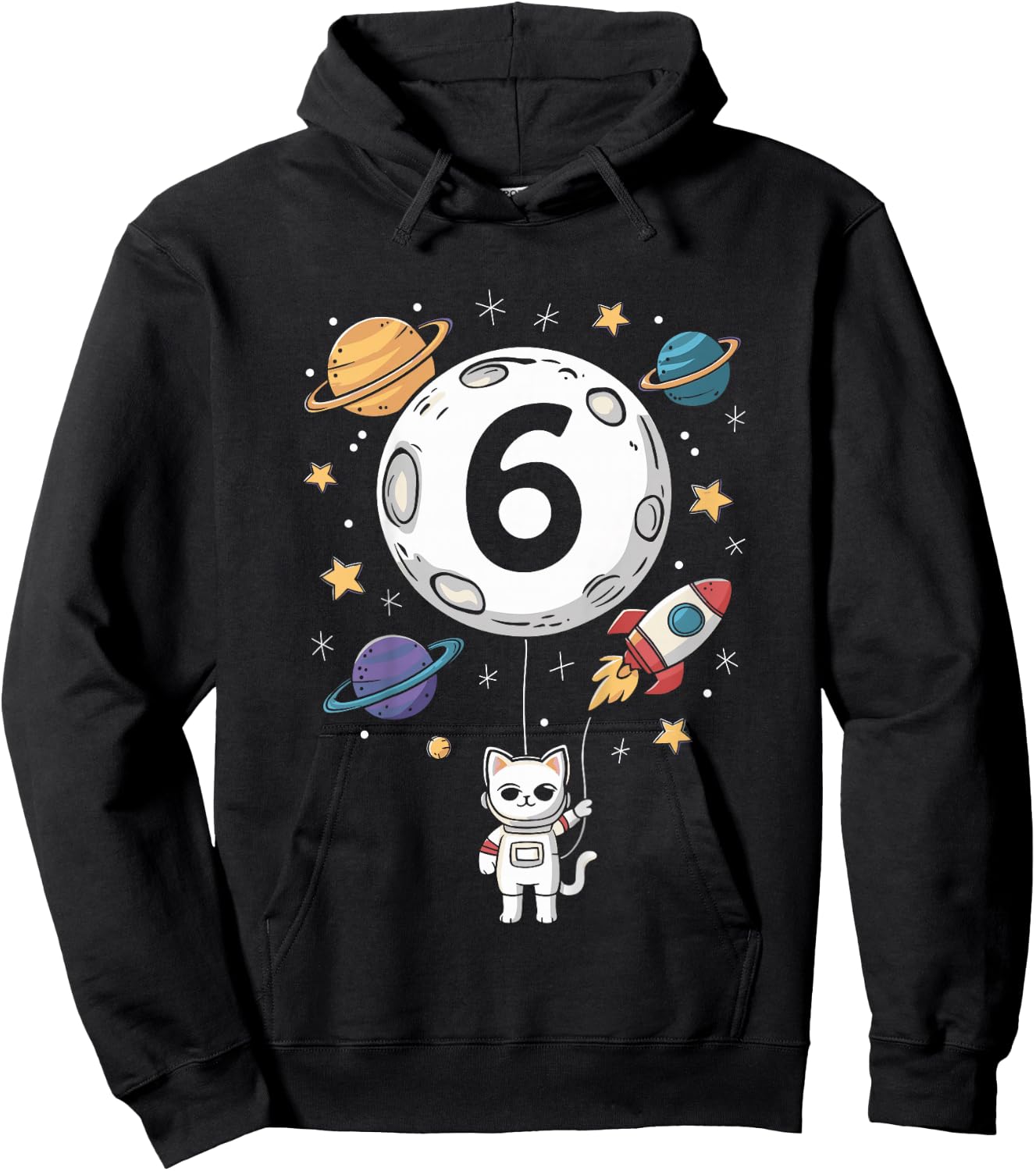 Kids 6 Year Old Birthday Cat Astronaut 6th Birthday Hoodie - Hoodie | Black