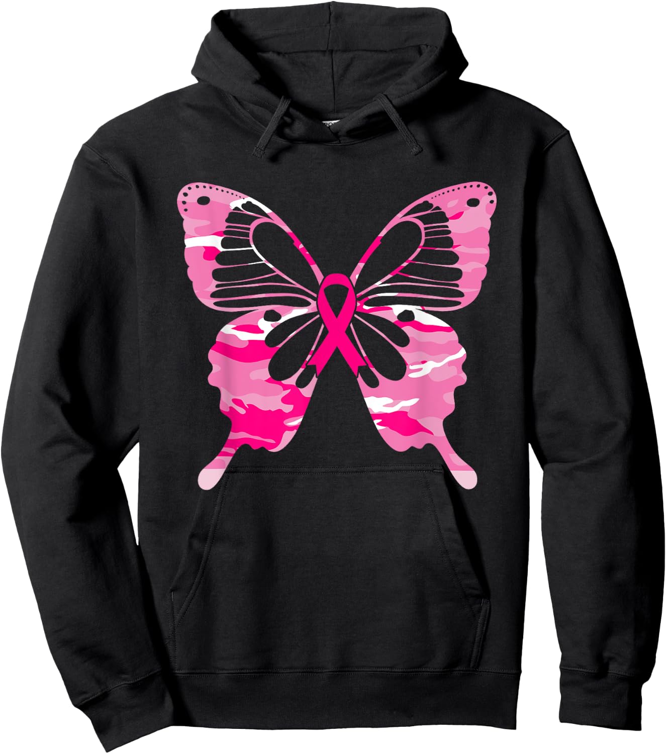 Camouflage Butterfly Pink Ribbon Breast Cancer Awareness Hoodie - Hoodie | Black