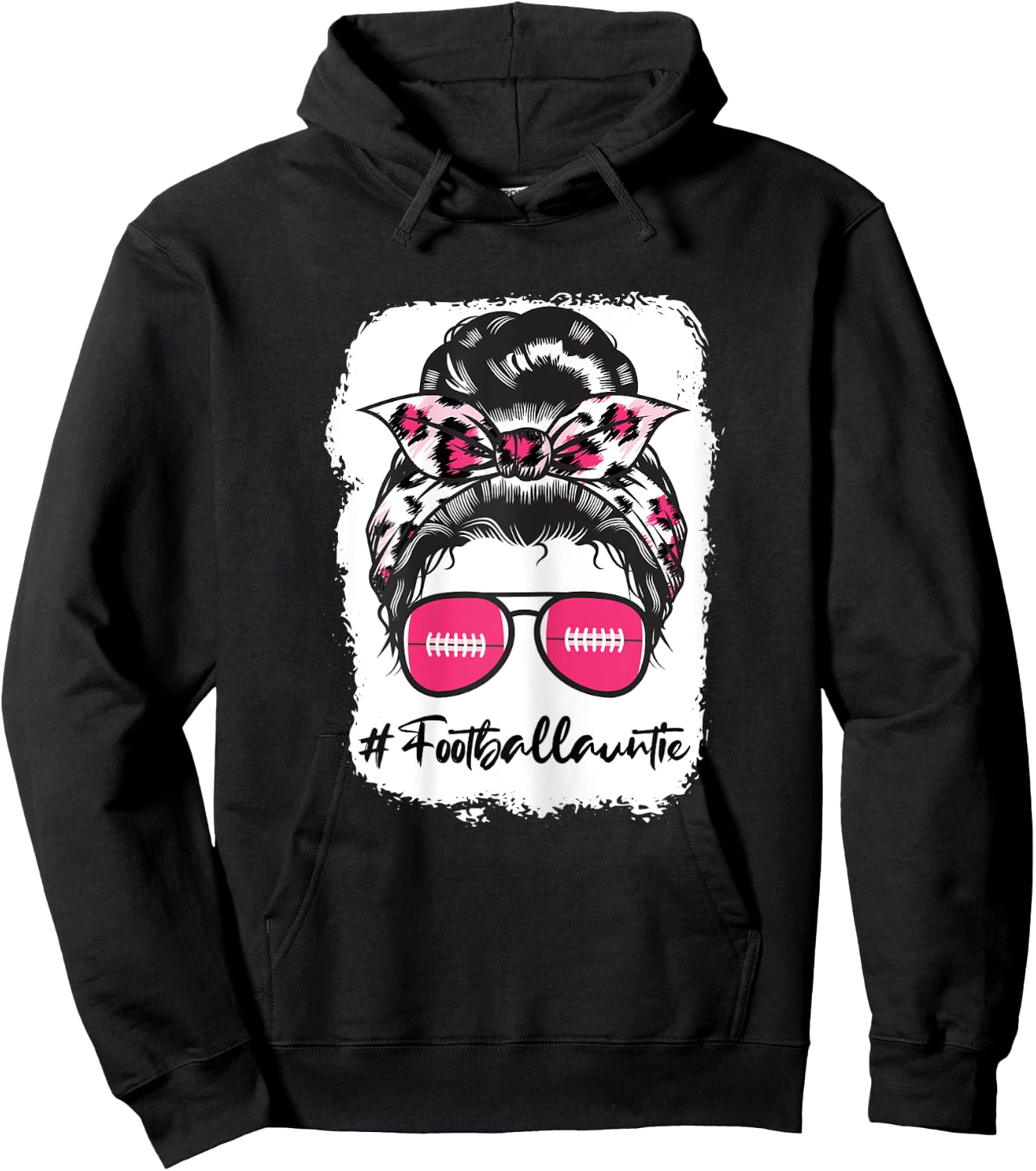 Bleached Football Auntie Pink Leopard Print Messy Bun Hoodie - Hoodie | Black
