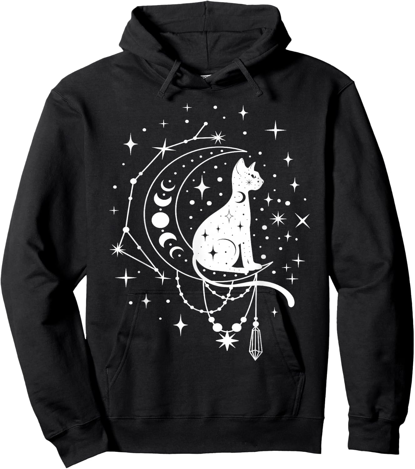 Celestial Cat, Crescent Moon, Star Constellation, Astrology Hoodie - Hoodie | Black