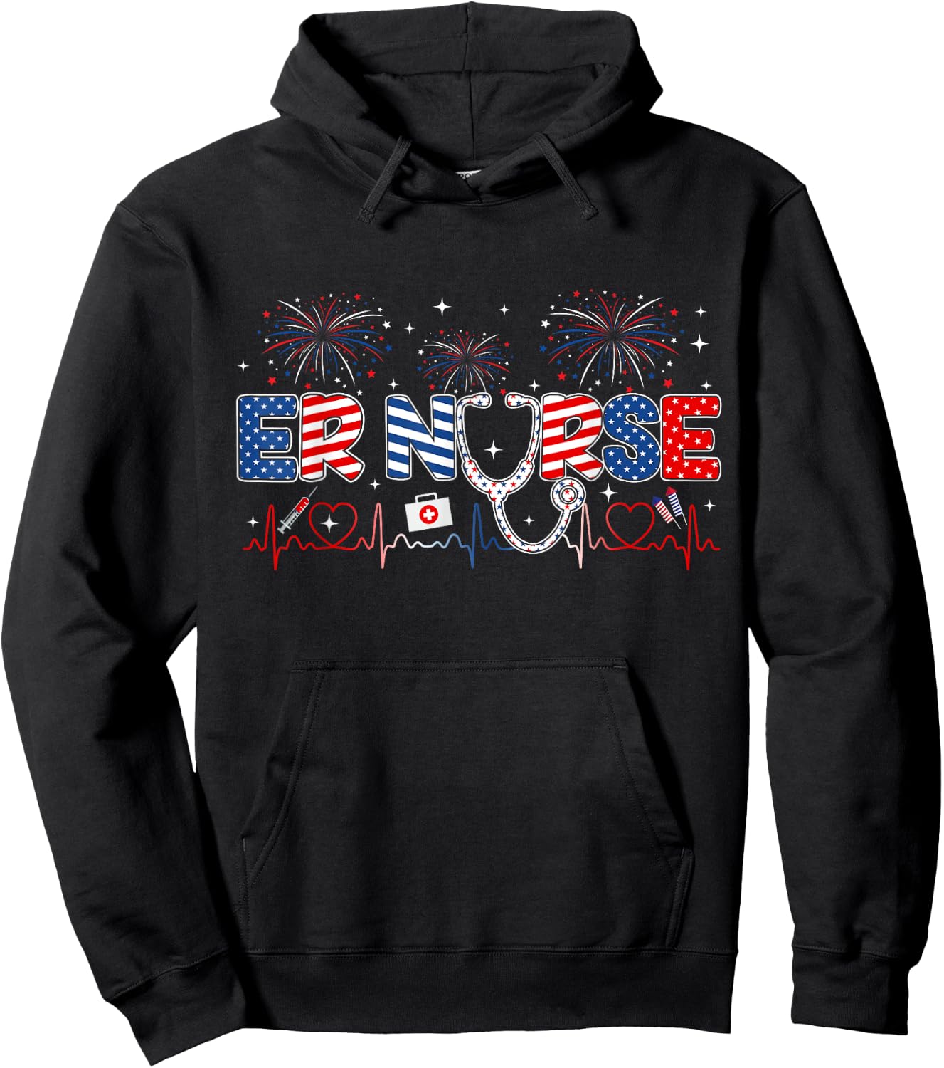 ER Nurse 4th of July American Flag Patriotic USA Stethoscope Hoodie - Hoodie | Black