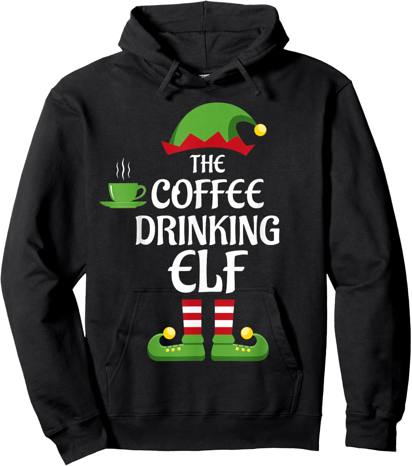 Coffee Drinking Elf Family Matching Group Christmas Hoodie - Hoodie | Black