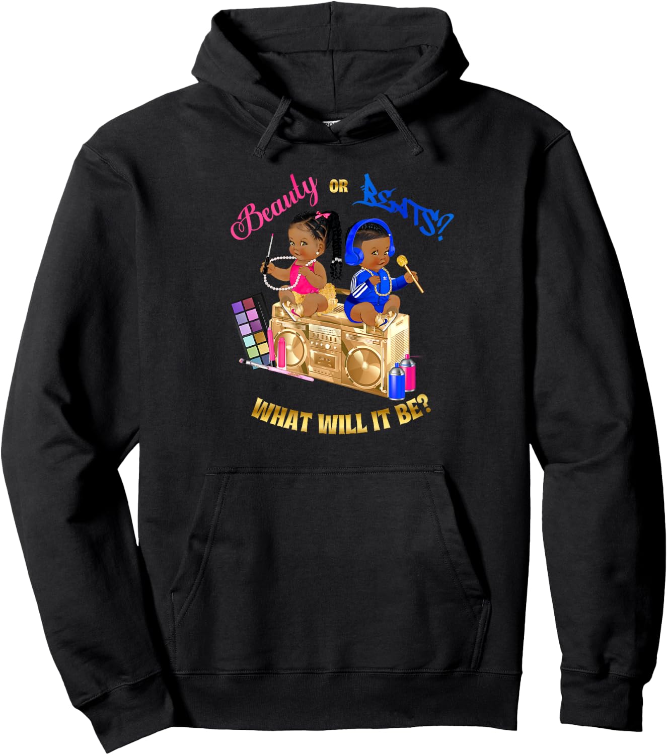 Beauty or Beats Baby Gender Reveal Royal Blue Hot Pink Gold Hoodie - Hoodie | Black