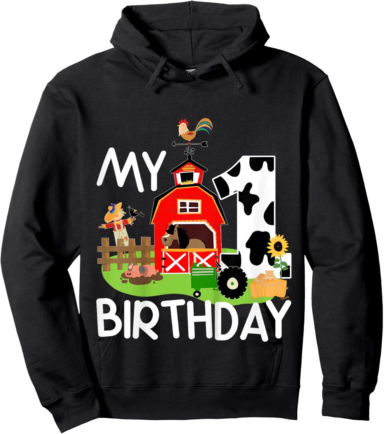1st Birthday Shirt Farm Tractor Pig Horse Cow Chicken Cat for Kids Hoodie - Hoodie | Black