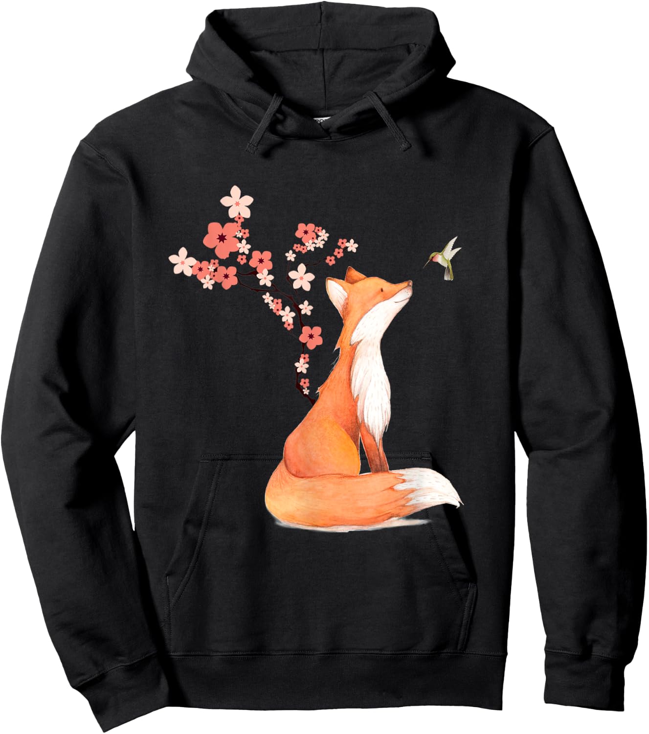 The Cute Fox And Hummingbird Cherry Blossom Flower Present Hoodie - Hoodie | Black