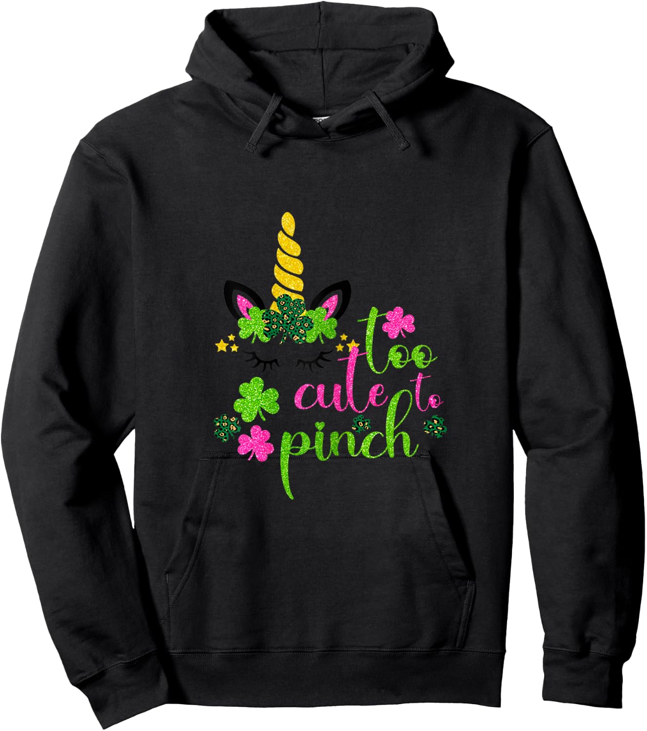 St Patricks Day Girls Kids Toddler Too Cute To Pinch Unicorn Hoodie - Hoodie | Black