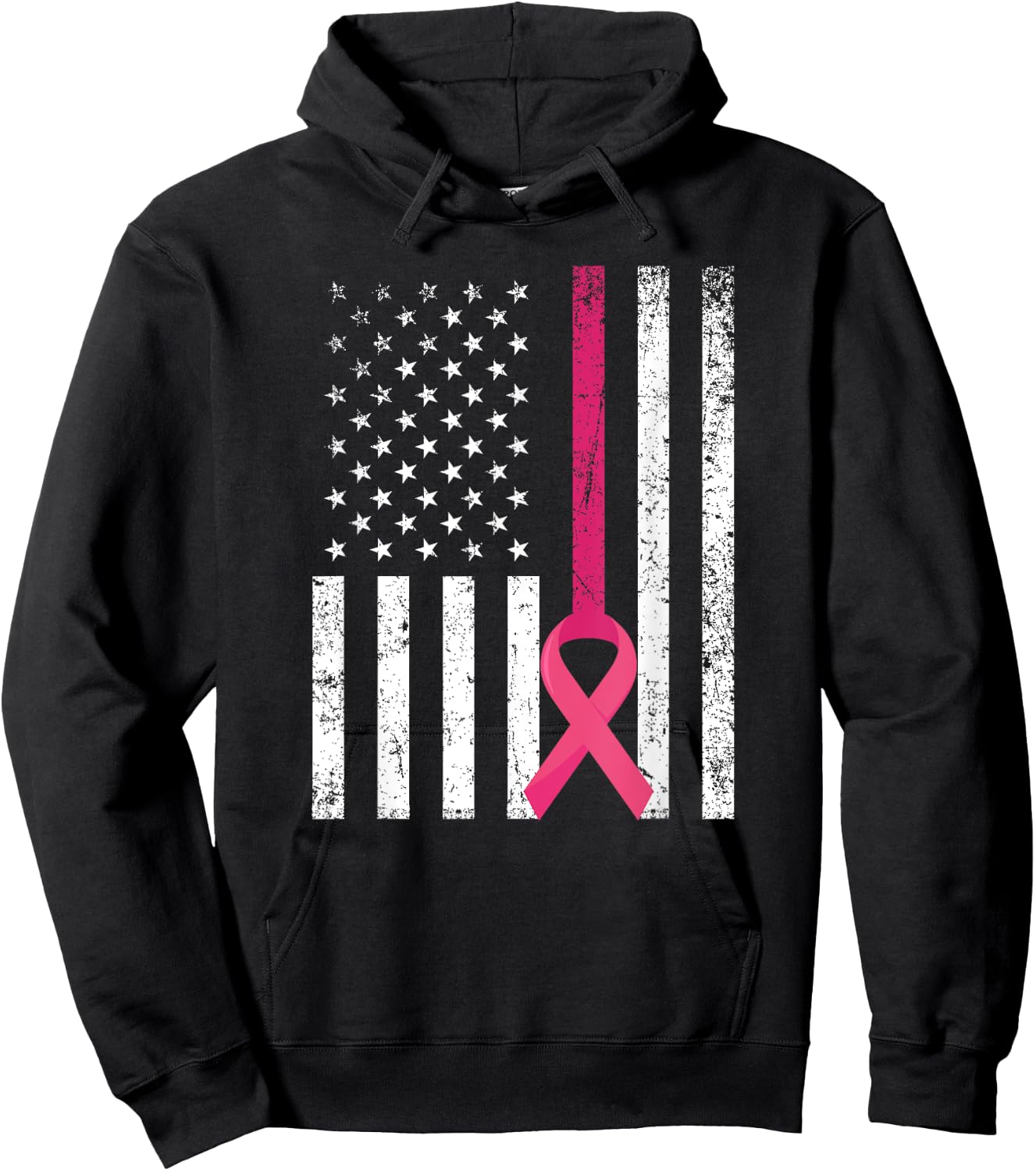 Breast Cancer Awareness Support Pink Ribbon American Flag Hoodie - Hoodie | Black
