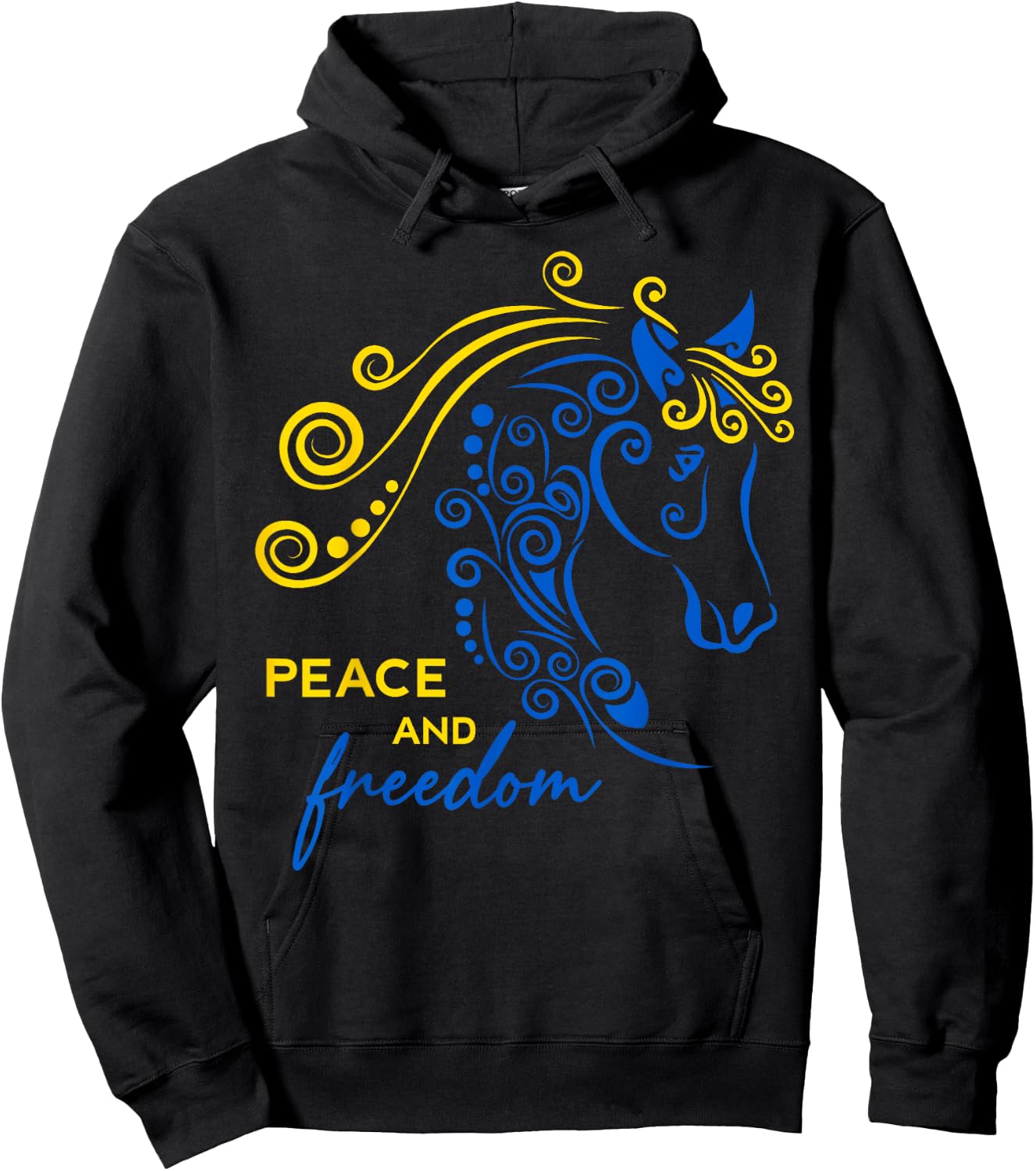 Ukraine Peace and Freedom Ukrainian Horse Flag Blue Yellow Hoodie - Hoodie | Black