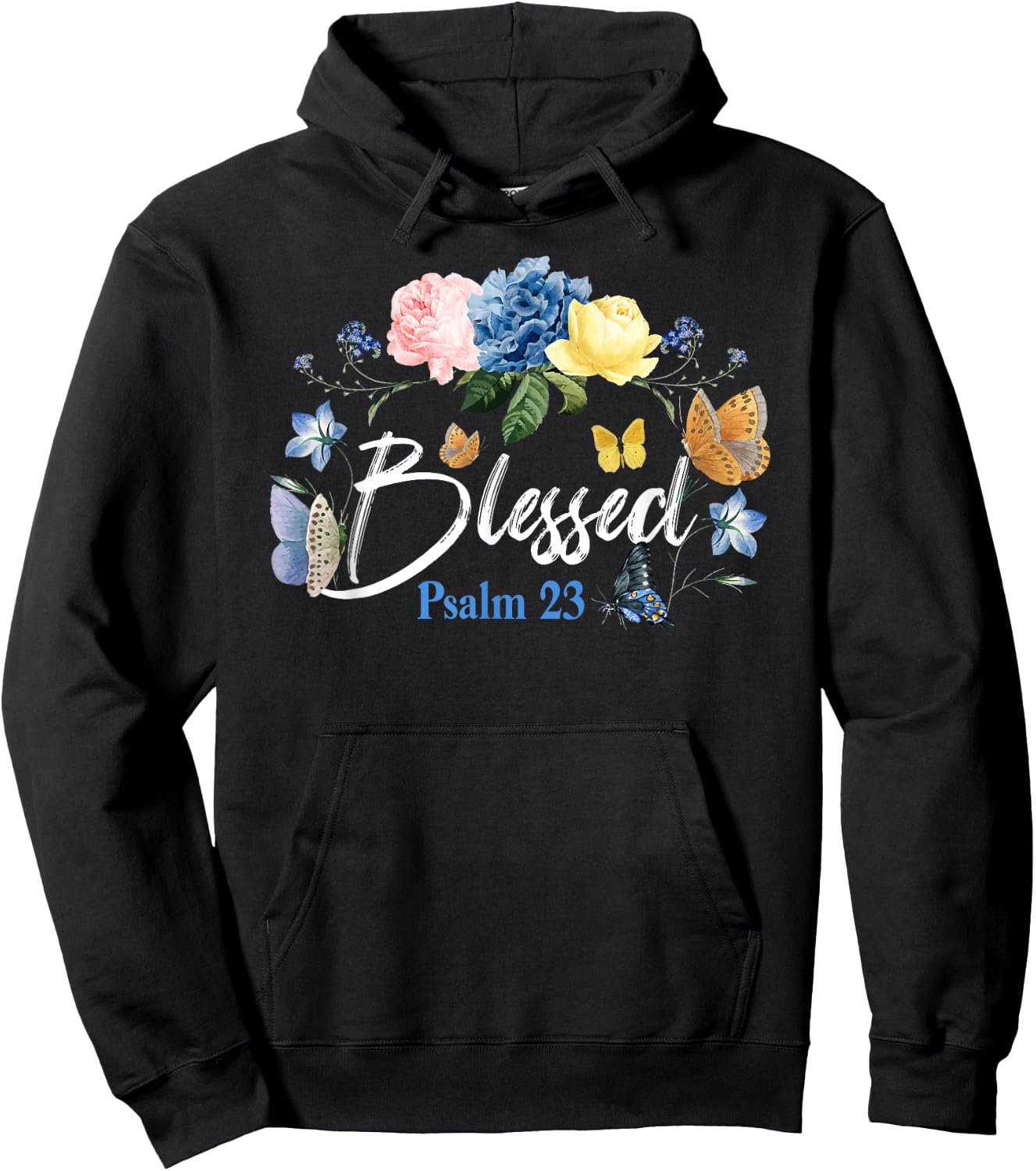 Christian Bible Verse Butterfly Rose Flower Blessed Psalm 23 Hoodie - Hoodie | Black