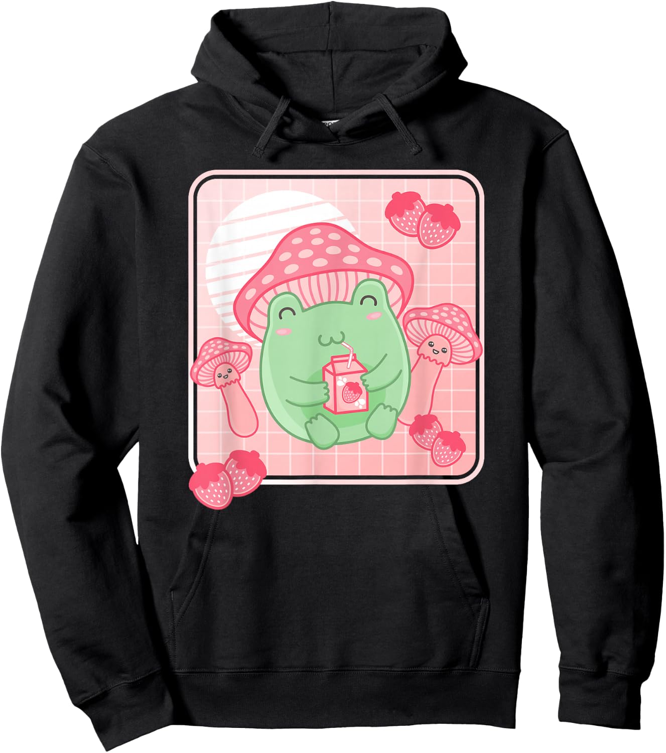 Kawaii Frog Pink Strawberry Milk Mushroom Women Girls Hoodie - Hoodie | Black